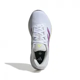 Championes Adidas Response para mujer, color blanco con detalles en lila y amarillo. Zapatillas de running con suela de goma y las tres tiras características de la marca en los laterales.