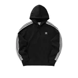 Canguro Adidas Originals negro con capucha, logo bordado en el pecho, bolsillo frontal tipo canguro y tres rayas blancas en las mangas.