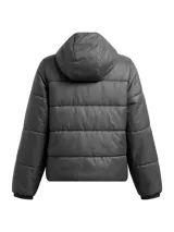 Campera puffer gris con capucha, cierre frontal y logo de Under Armour en el pecho.