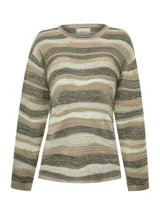 Sweater de tejido de punto con rayas horizontales onduladas en tonos beige, marrón y gris.