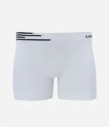 Calzoncillo bóxer blanco de microfibra ligera, con cintura elástica blanca con logo Lupo y rayas negras.
