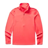 Buzo negro de poliéster reciclado y spandex, con cierre de 1/4, cuello alto, mangas largas con orificios para pulgares y logo de la marca en el pecho.