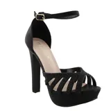 Sandalias negras de fiesta con plataforma y tacón alto, con tiras cruzadas con strass en el empeine y pulsera al tobillo con hebilla dorada.