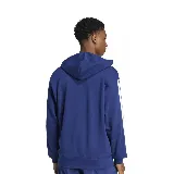 Buzo hoodie Adidas M 3S FT HD azul con capucha, bolsillo tipo canguro y logo de la marca bordado en el pecho. Presenta las tres tiras características de la marca en color blanco sobre las mangas.