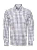 Camisa de hombre RKF de manga larga, confeccionada en popelina de algodón orgánico con diseño de cuadros en tonos blanco, azul y rojo. Tiene corte moderno, bolsillo en el pecho y logo bordado.