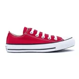 Championes Converse Chuck Taylor All Star Core Ox de lona color rojo con suela de goma blanca y cordones blancos.