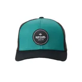 Gorra de visera curva Rip Curl, con paneles frontales color verde esmeralda, paneles traseros de rejilla negra, visera negra y logo de la marca bordado en el frente.