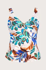 Top de traje de baño tipo tankini con estampado botánico en tonos blanco, azul, turquesa y marrón. Presenta escote en V con nudo central y breteles anchos ajustables.