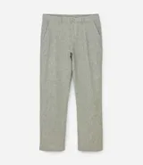 Pantalón de lino blanco de corte recto, con trabillas en la cintura, cierre tradicional y bolsillos laterales.