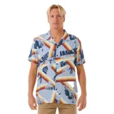 Camisa celeste con estampado de hojas de palmera y rayas horizontales en tonos naranja, amarillo y blanco.