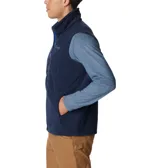 Chaleco de polar Columbia Fast Trek para hombre, color azul marino con cierre y detalles en azul eléctrico. Cuenta con cuello alto, bolsillos laterales con cierre y bolsillo en el pecho con cierre.