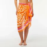 Pareo de baño rectangular con estampado de flores y ondas en tonos naranja, blanco y rosa.