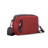 Bandolera color ladrillo con correa ajustable, cierre superior y bolsillo frontal con cierre vertical.