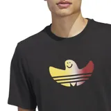 Remera negra de algodón con logo de Adidas y diseño de Shmoo en el centro del pecho.
