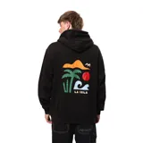 Canguro negro con capucha, bolsillo delantero y logo de La Isla Elements estampado en el pecho. Corte clásico.