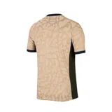Camiseta de fútbol Nike del Paris Saint-Germain, modelo complementario temporada 2023/24. Diseño en tonos beige con estampado tipo piel de elefante y detalles en azul marino. Incluye logo de Jordan, escudo del PSG y sponsor Qatar Airways en el frente.