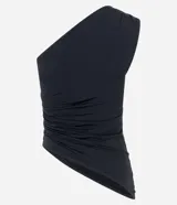 Blusa de jersey color negro con escote de un solo hombro, con franzidos laterales y bajo asimétrico.