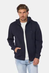 Canguro con cierre y capucha color bordó, confeccionado en felpa de algodón y poliéster.