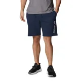 Short deportivo azul marino de algodón y elastano, con cintura elástica ajustable con cordón, bolsillos laterales y traseros, y logo de Columbia estampado en blanco en la pierna izquierda.