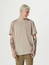 Remera básica de manga corta color gris claro, con cuello redondo.
