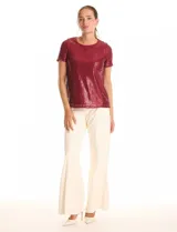 Blusa de lentejuelas color verde oscuro, marca Ninety, con escote a la base, manga corta y forro interno a tono.