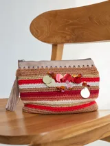 Sobre tejido a crochet con hilados y cueros remanentes, re-bordado a mano con lentejuelas.