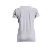 Remera gris de mujer marca Under Armour, de corte clásico y manga corta. Presenta el logo de la marca estampado en el pecho con diseño camuflado en tonos azules y negros.