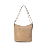 Bandolera beige de símil cuero con dos bolsillos frontales con cierre, un bolsillo trasero, tres bolsillos internos y correa larga regulable.