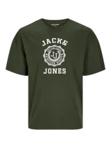 Camiseta verde militar de manga corta y cuello redondo, con estampado blanco en el frente que incluye el logo de la marca y la leyenda 'Established Nineteen Ninety'.