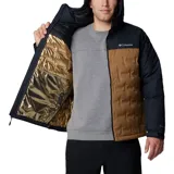 Campera Columbia Grand Trek III para hombre, color marrón y azul marino, con capucha ajustable y cierre frontal. Cuenta con tecnología termorreflectante Omni-Heat Infinity, costuras selladas Omni-Tech, aislamiento de plumón de 650 fill power y bolsillos con cremallera.