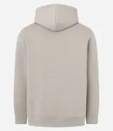 Hoodie cerrado de algodón con felpa, color beige claro, corte comfort. Presenta capucha con cordón ajustable, bolsillo canguro y puños y ruedo ajustados. Estampa minimalista de montañas en el pecho con líneas en tonos marrón, negro y rosado.