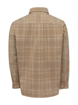 Camisa de franela de algodón orgánico a cuadros en tonos azul, gris y verde. Tiene cuello camisero, manga larga, un bolsillo en el pecho y cierre con botones.