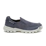 Zapatillas Caterpillar sin cordones, color azul marino, con elástico en los laterales y suela de goma color gris.
