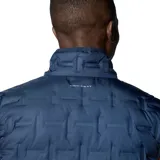 Chaleco acolchado azul marino con cierre frontal, bolsillos laterales con cierre y logo de la marca en el pecho.