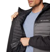 Campera Columbia con capucha, color verde oliva en la parte superior y gris claro en la parte inferior. Cuenta con cierre frontal, bolsillos laterales con cierre y logo de la marca en el pecho.