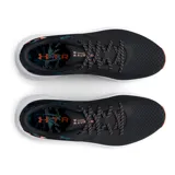 Championes de running Under Armour Charged Aurora, color negro con detalles estampados en azul y naranja, suela blanca y cordones moteados.