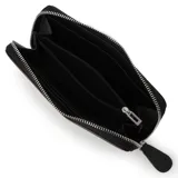 Billetera Guess modelo Viviette, color negro, con textura saffiano y cierre de cremallera. Presenta el logo triangular de Guess en metal plateado en el frente.