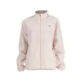 Campera deportiva color rosa pálido, con cierre frontal, cuello alto y logo reflectivo de New Balance en el pecho.