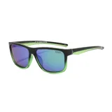 Lentes de sol unisex con marco negro y verde, lentes polarizados con filtro UV 400. Fabricados con plástico reciclado. Incluye estuche.