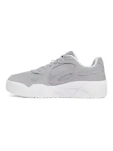 Zapatillas urbanas grises con detalles en blanco y celeste.