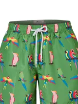 Short de baño verde con estampado de loros de colores, cintura elástica y cordón ajustable.