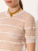 Top de encaje negro con cuello redondo y mangas cortas con volados.