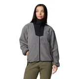 Campera polar Columbia para mujer, color gris con detalles en negro. Cuenta con cierre frontal, cuello alto y bolsillos laterales con cierre. Logo de la marca bordado en el pecho.