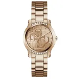 Reloj Guess para mujer, color dorado rosa, con caja de acero inoxidable, esfera con logo de la marca y detalles de cristales en el bisel.