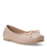 Zapato tipo ballerina color dorado con glitter y moño decorativo.