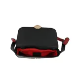 Bandolera negra con correa ajustable y detalle de labios dorados en el frente.