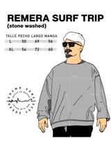 Buzo gris con efecto lavado, cuello redondo y puños acanalados. Estampado en el frente con la frase "Chema Surf Trip" y un dibujo de una camioneta combi.