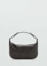 Bolso marrón oscuro con efecto piel, asa corta, cierre delantero con cremallera, tamaño pequeño y hebillas decorativas.
