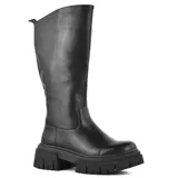 Bota negra de caña alta con suela track y cierre lateral. Fabricada en cuero sintético.