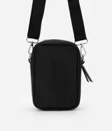 Cartera porta celular negra con correa desmontable y bolsillo delantero con cierre.